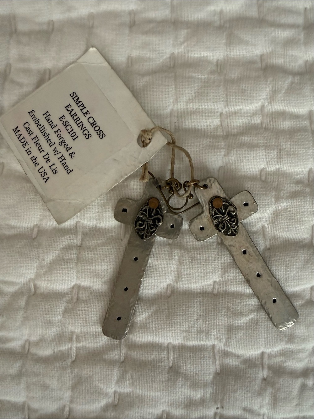 Johnny Loves June, Hand-Forged Silver Tone Cross Earrings -